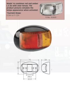 Narva 91606 9-33 Volt L.E.D Side Marker Lamp (Red / Amber) with Oval Black Deflector Base and 2.5m Cable